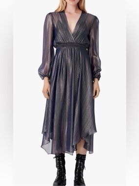 Maje Metallic Navy High-Low V-Neck Midi Dress Size 42 10/12 NWT Beautiful!